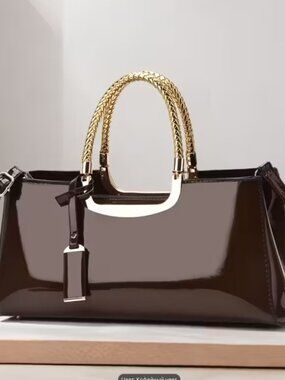 Brown Patent Leather Satchel Handbag Gold Handle Top Handle Shoulder Purse Tote